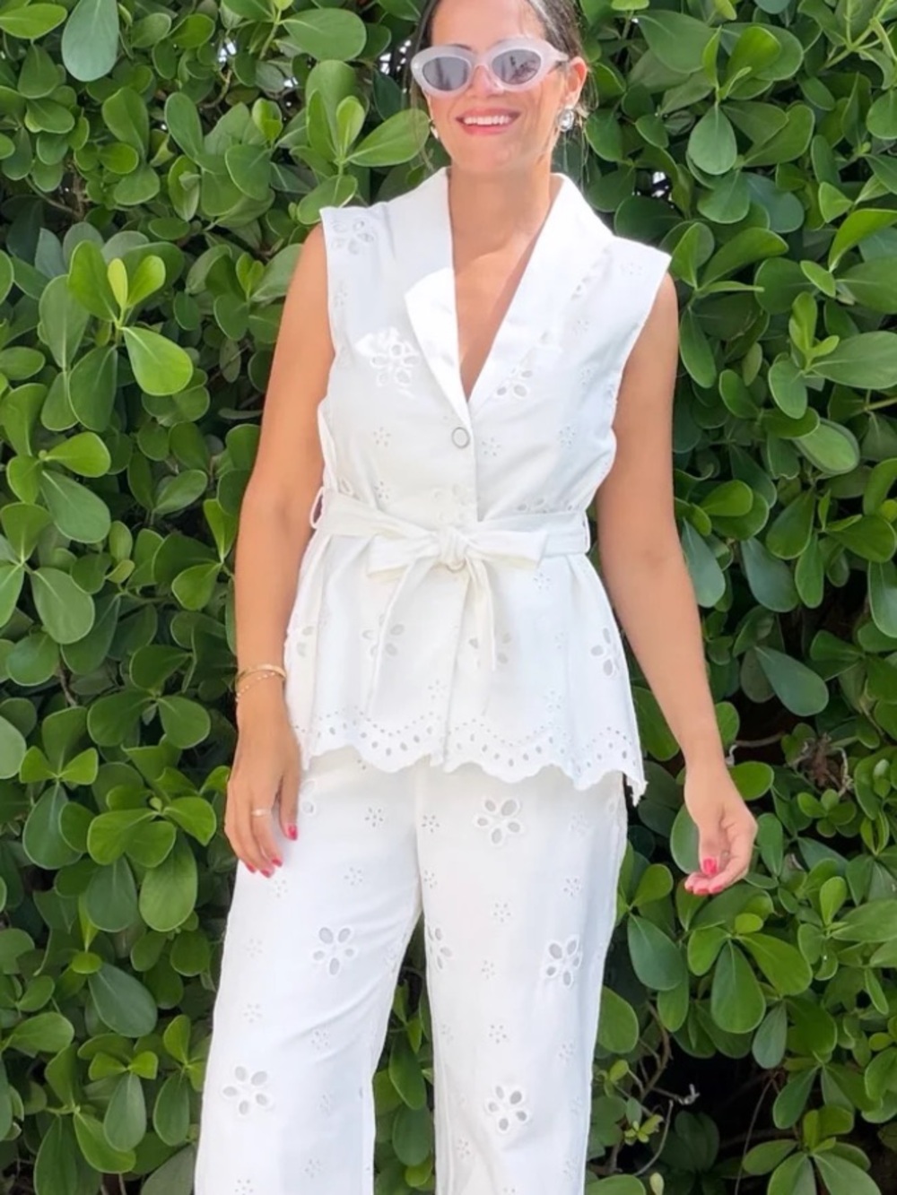 Eyelet Wide Leg Pant Set with Sleeveless Tie-Waist Vest — White